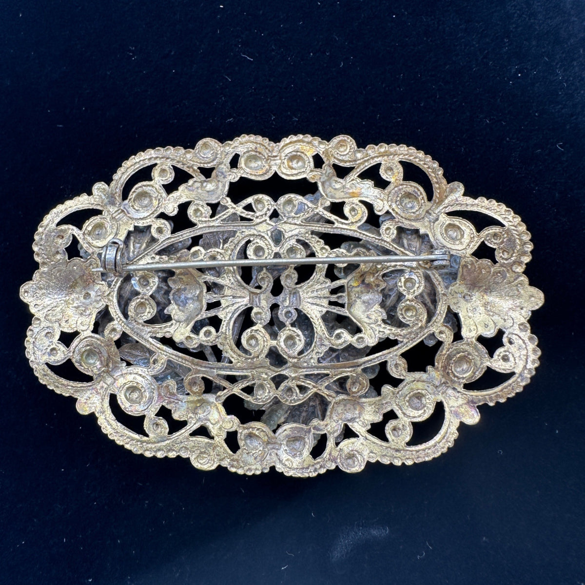 Antique Gold Tone Floral Filigree Oval Brooch Pin Early 1900s Intricate Design