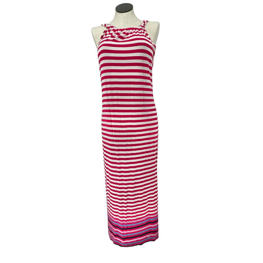 Tommy Hilfiger Halter Maxi Dress Womens L Pink White Striped Cotton Modal Blend