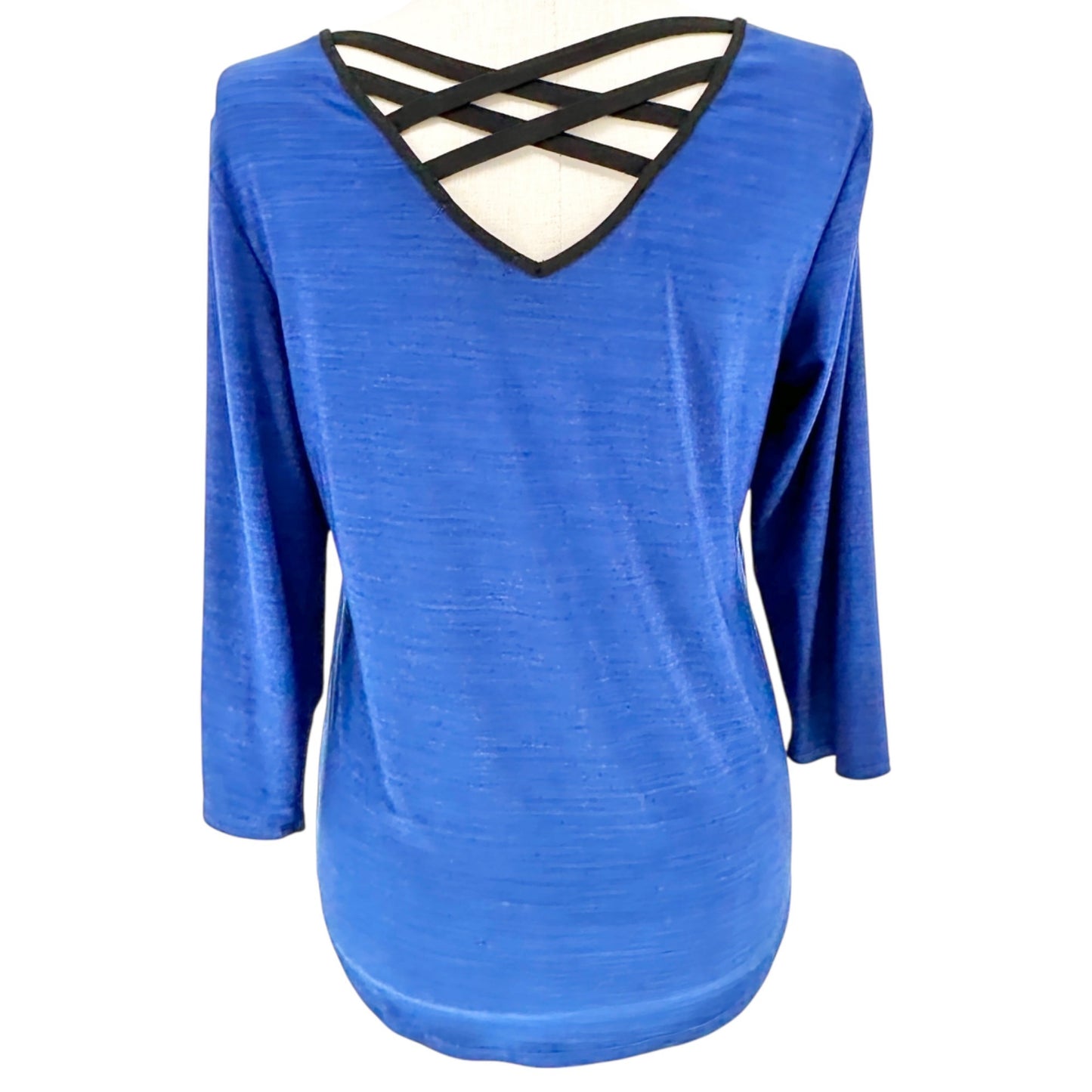 Susan Lawrence Top XL Blue 3/4 Sleeve Silver Embellishments Black Trim Accents