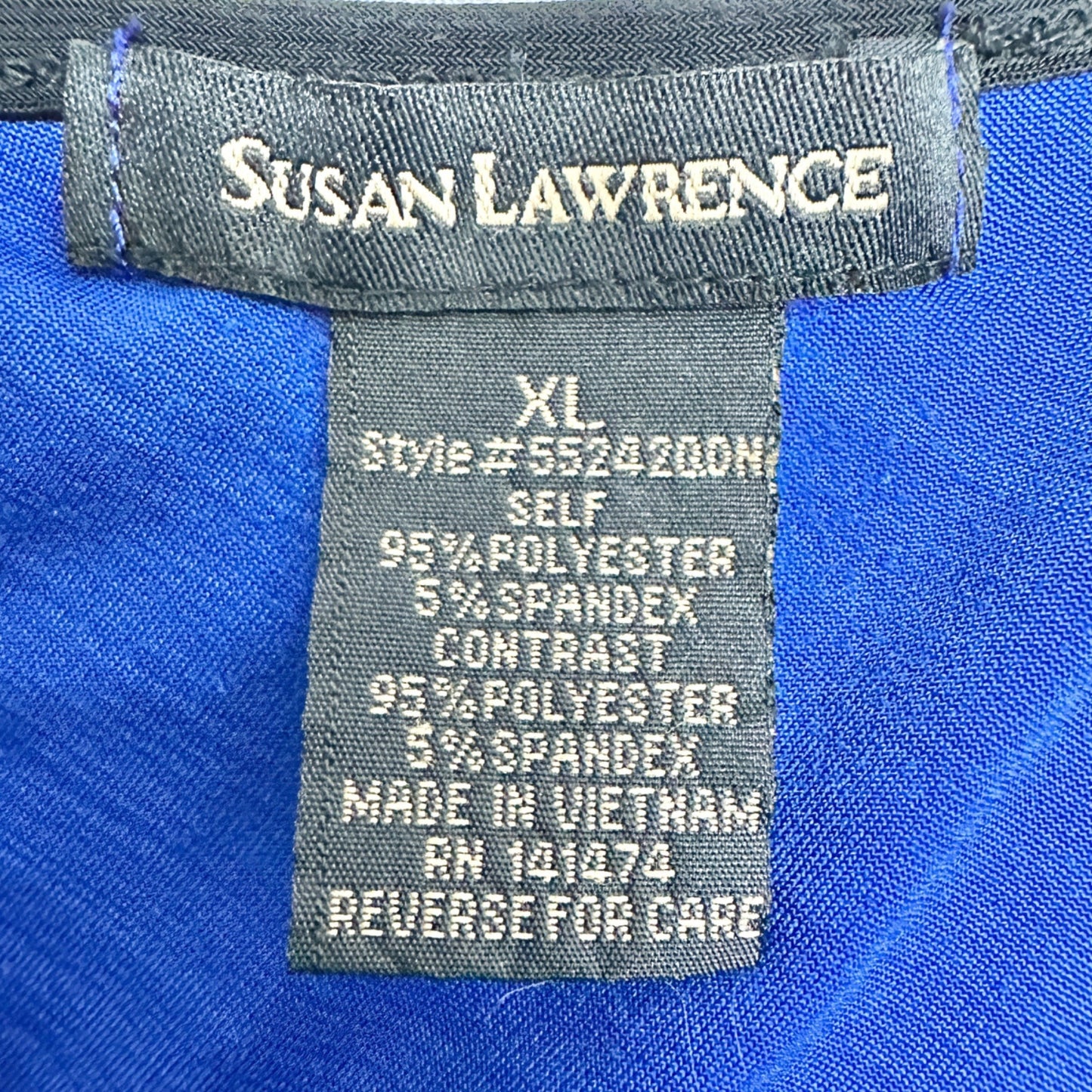 Susan Lawrence Top XL Blue 3/4 Sleeve Silver Embellishments Black Trim Accents