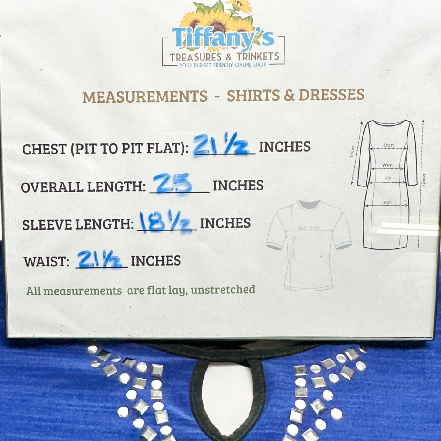 Susan Lawrence Top XL Blue 3/4 Sleeve Silver Embellishments Black Trim Accents