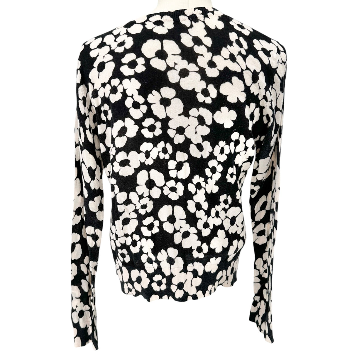 Button-Up Cardigan Sweater Womens S LS Black and White Flora Cotton Crew Neck