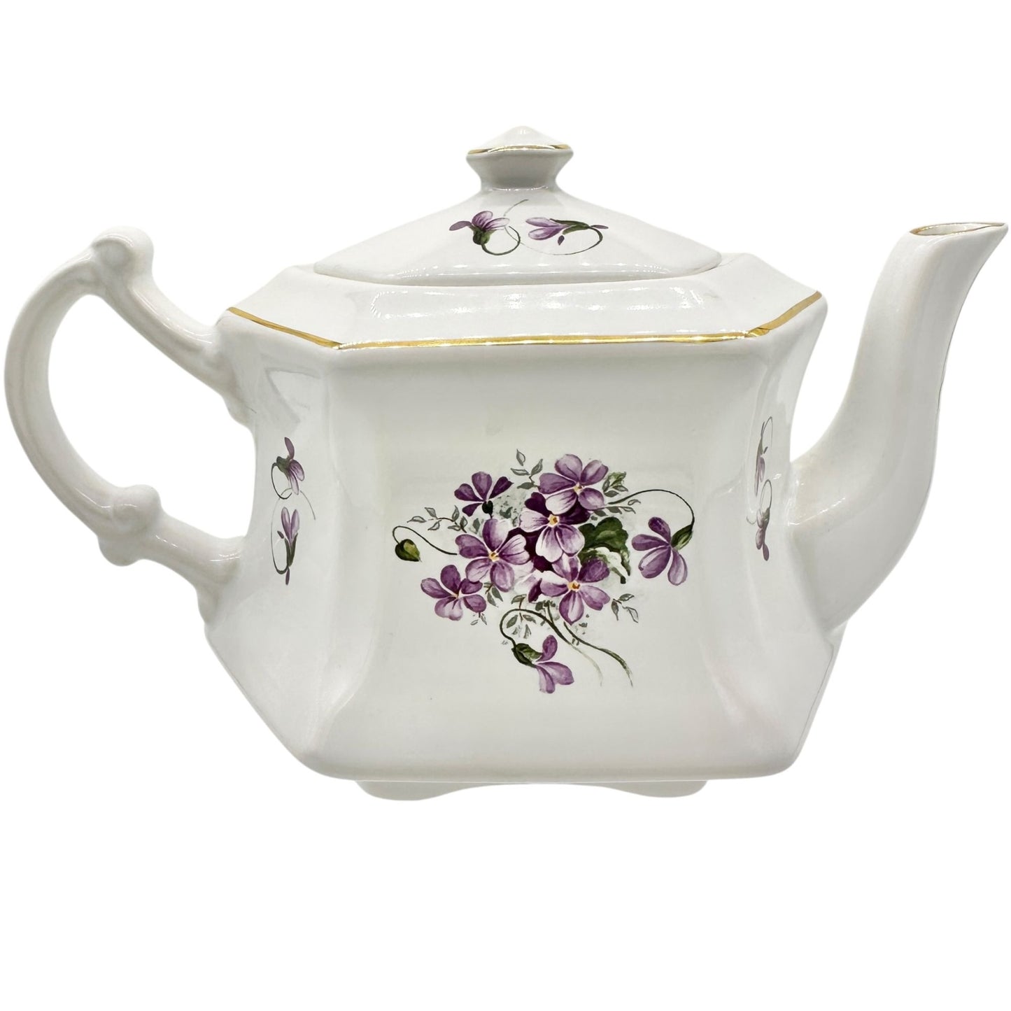Vtg Kernewek Teapot w Lid English Bone China Hexagonal White w Purple Florals