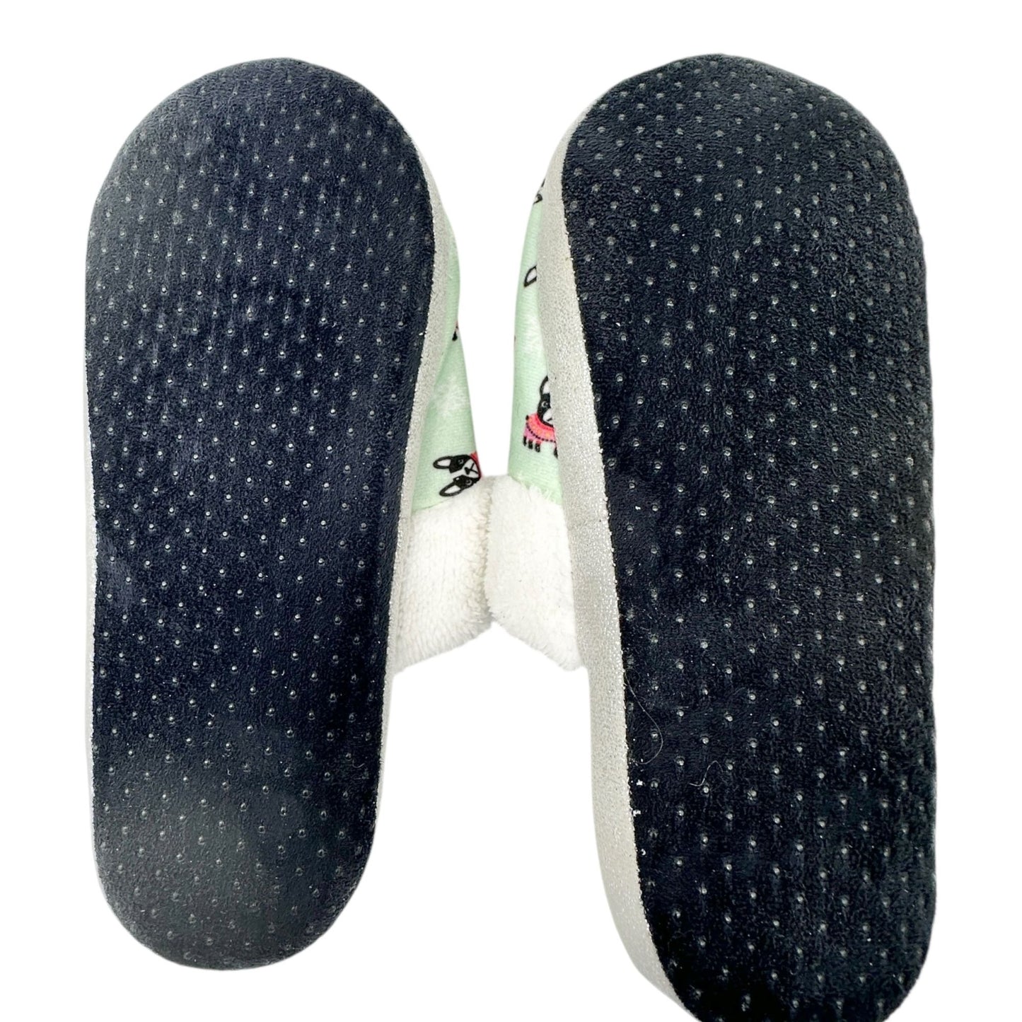 Joe Boxer Womens Faux Fur Slippers Mint Green French Bulldog Print Size 9/10