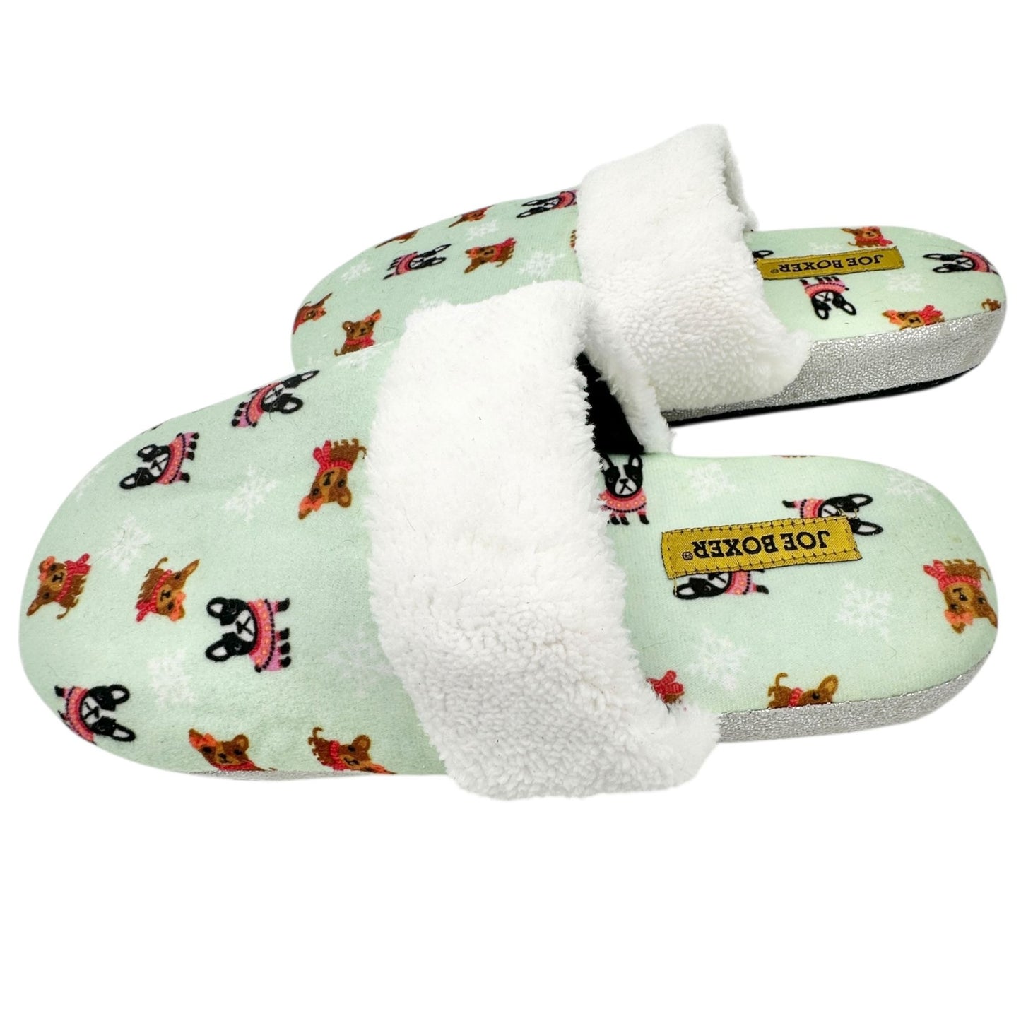 Joe Boxer Womens Faux Fur Slippers Mint Green French Bulldog Print Size 9/10