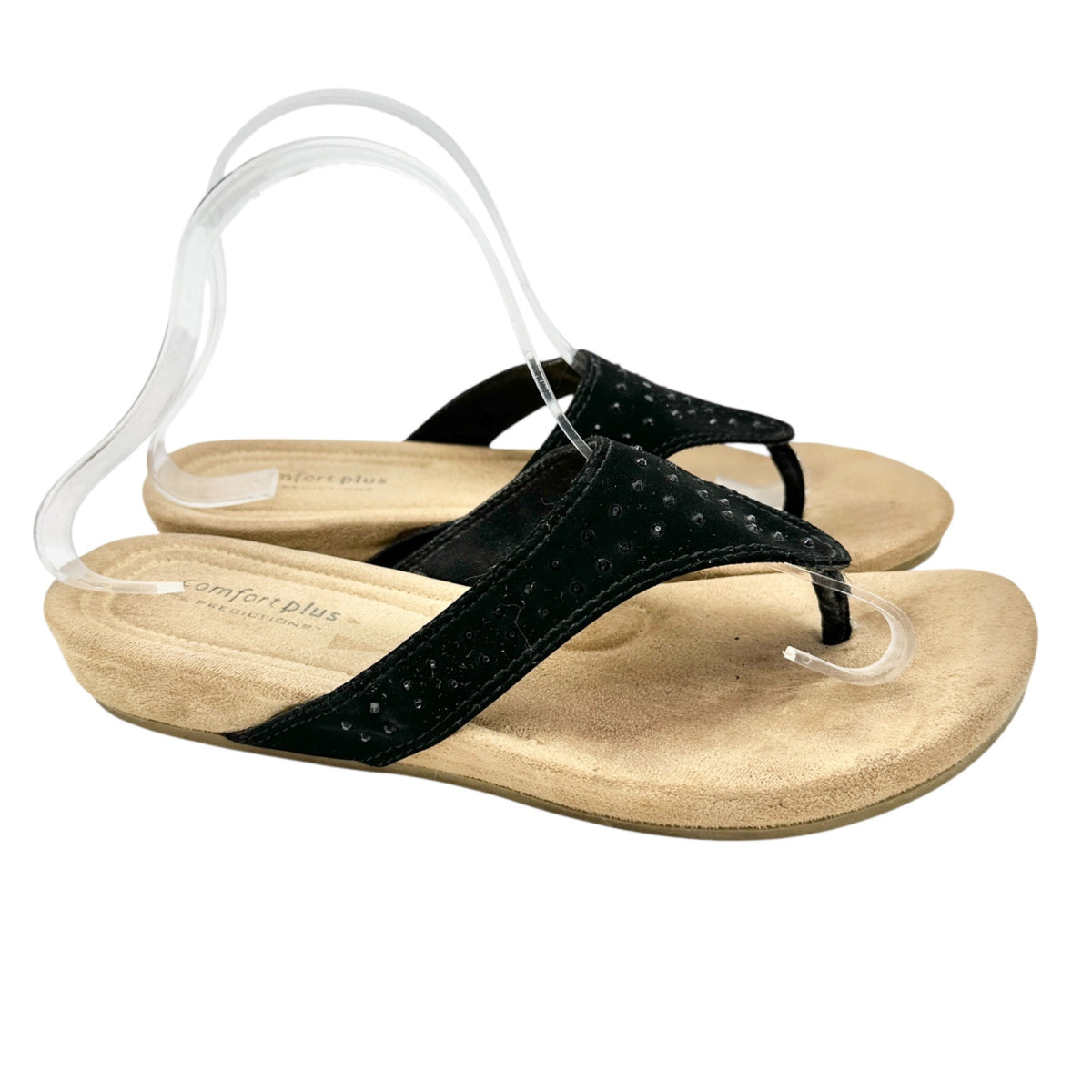 Comfort Plus 9 Black Leather Thong Sandals With Studded Accent Cushioned Footbed