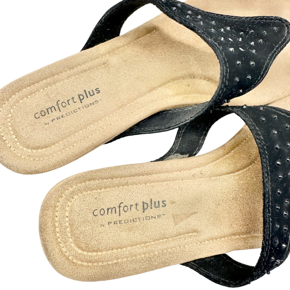 Comfort Plus 9 Black Leather Thong Sandals With Studded Accent Cushioned Footbed