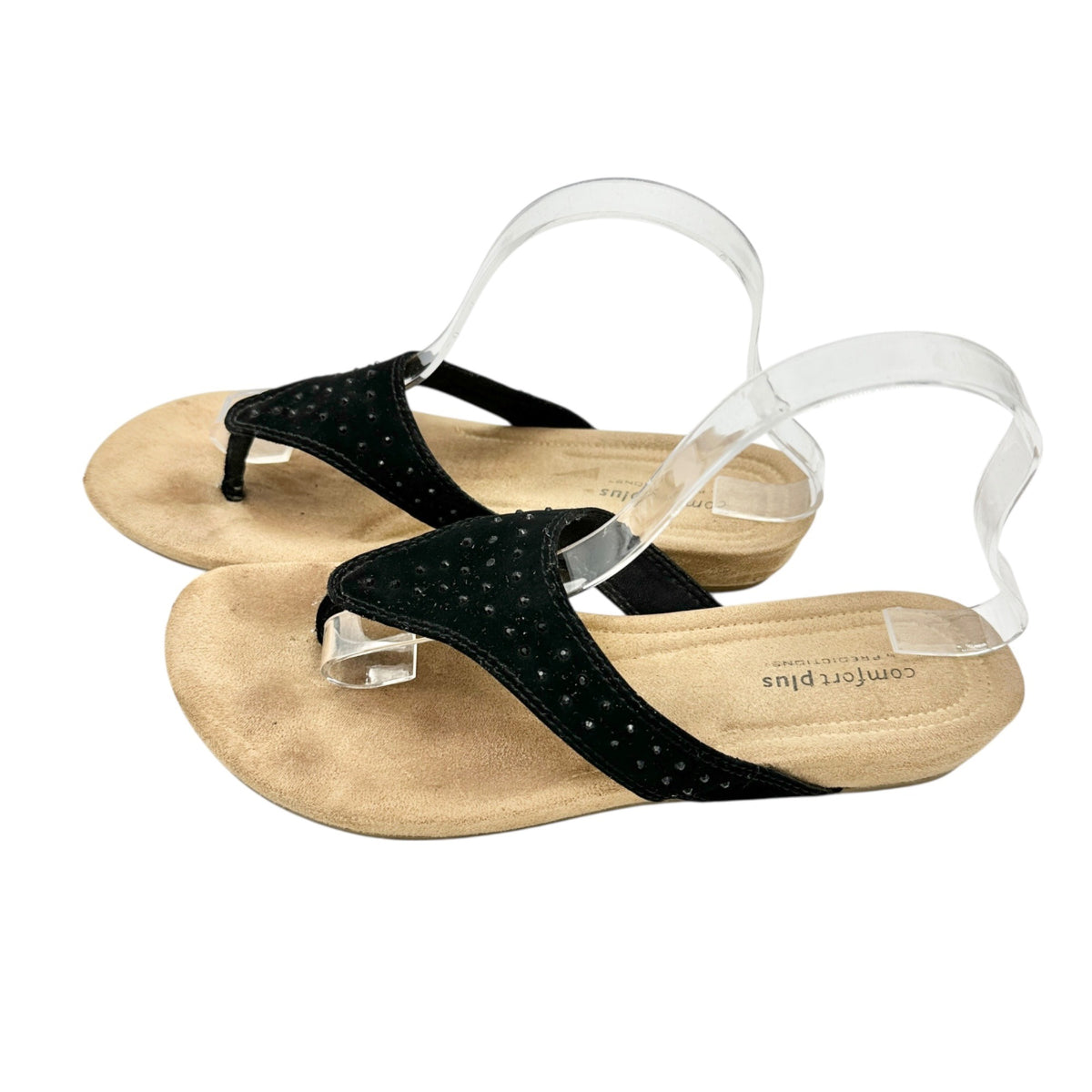 Comfort Plus 9 Black Leather Thong Sandals With Studded Accent Cushioned Footbed
