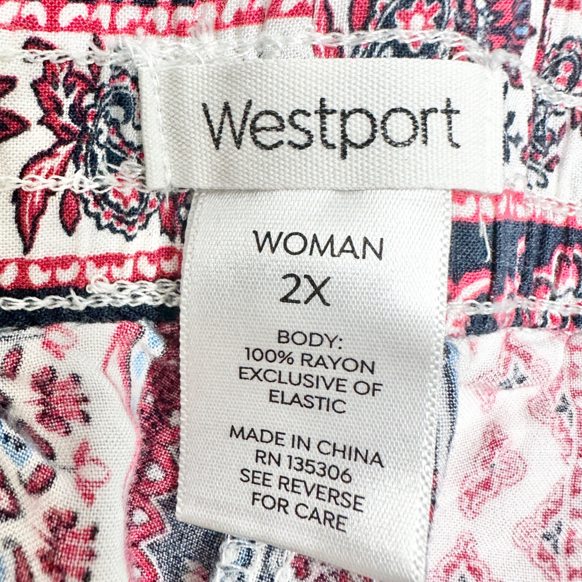 Westport Wide Leg Pants Womens 2X Boho Print Elastic Waist Lightweight Rayon