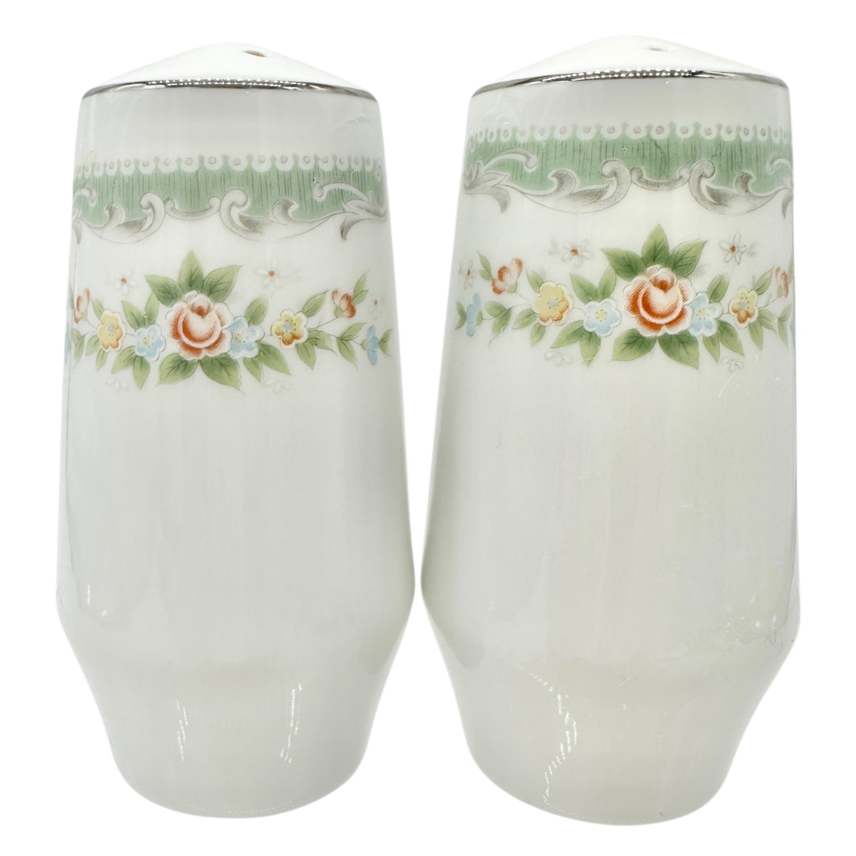 Vtg Floral Porcelain Salt and Pepper Shakers Green Trim Floral Elegant Decor 3.5
