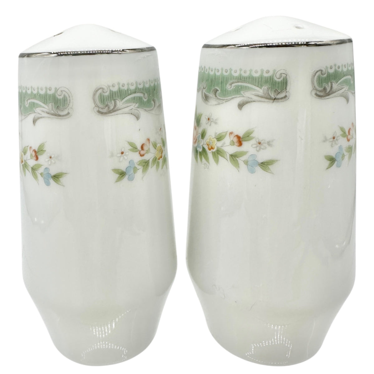 Vtg Floral Porcelain Salt and Pepper Shakers Green Trim Floral Elegant Decor 3.5