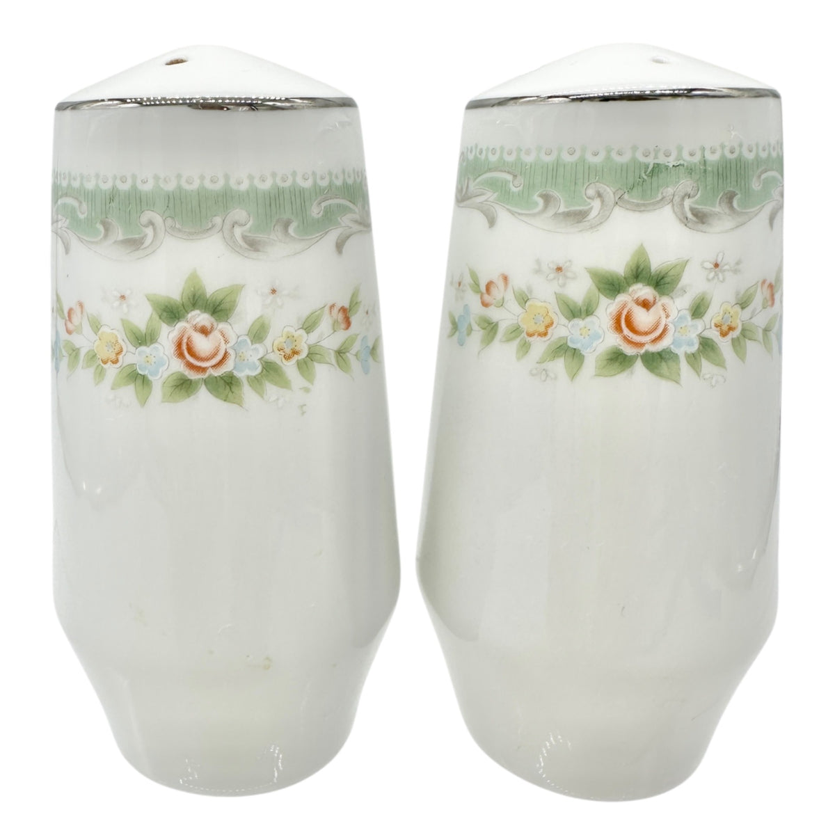 Vtg Floral Porcelain Salt and Pepper Shakers Green Trim Floral Elegant Decor 3.5