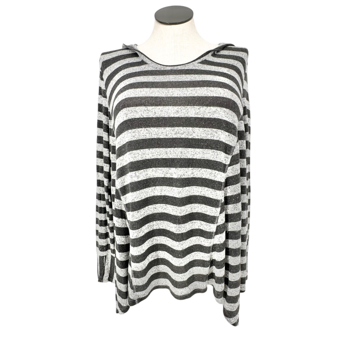 Cato Active Hooded Pullover Top Womens L Striped Gray and Black LS Soft Cozy