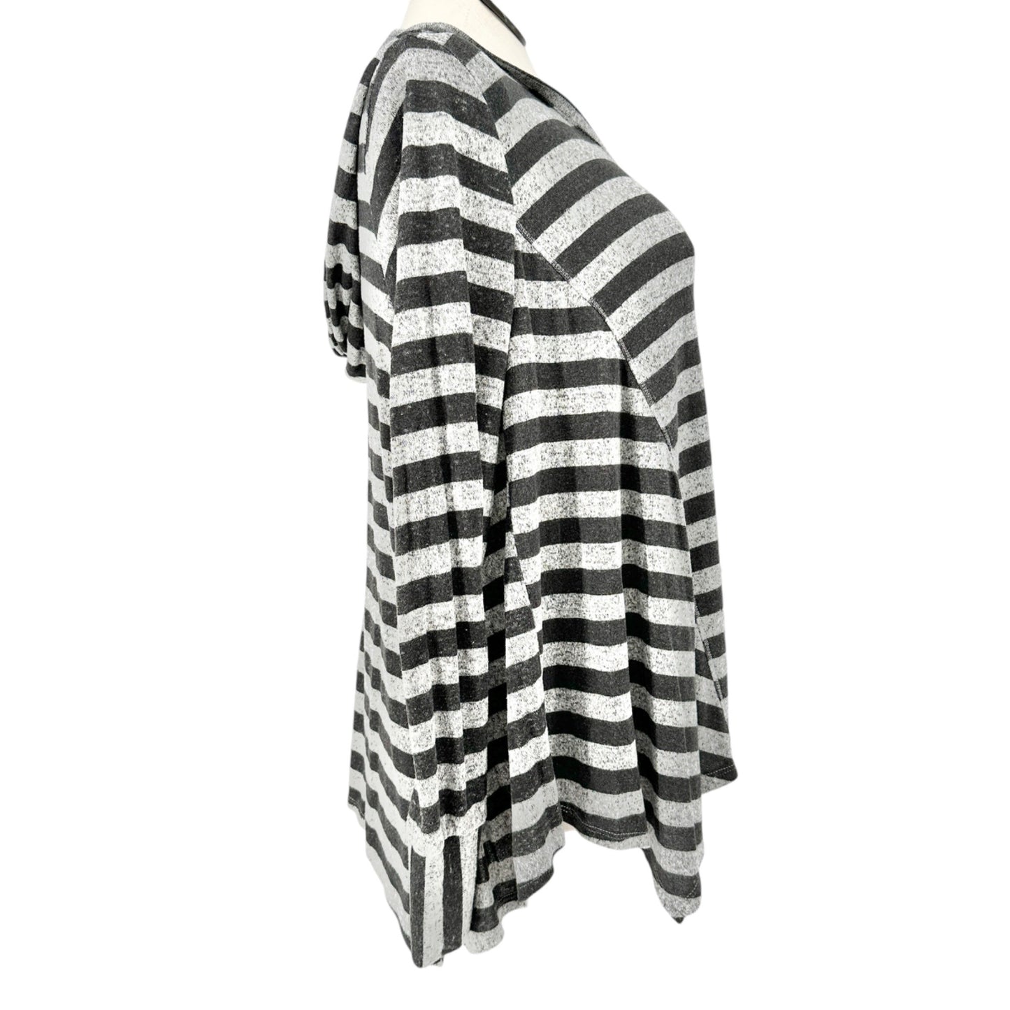 Cato Active Hooded Pullover Top Womens L Striped Gray and Black LS Soft Cozy