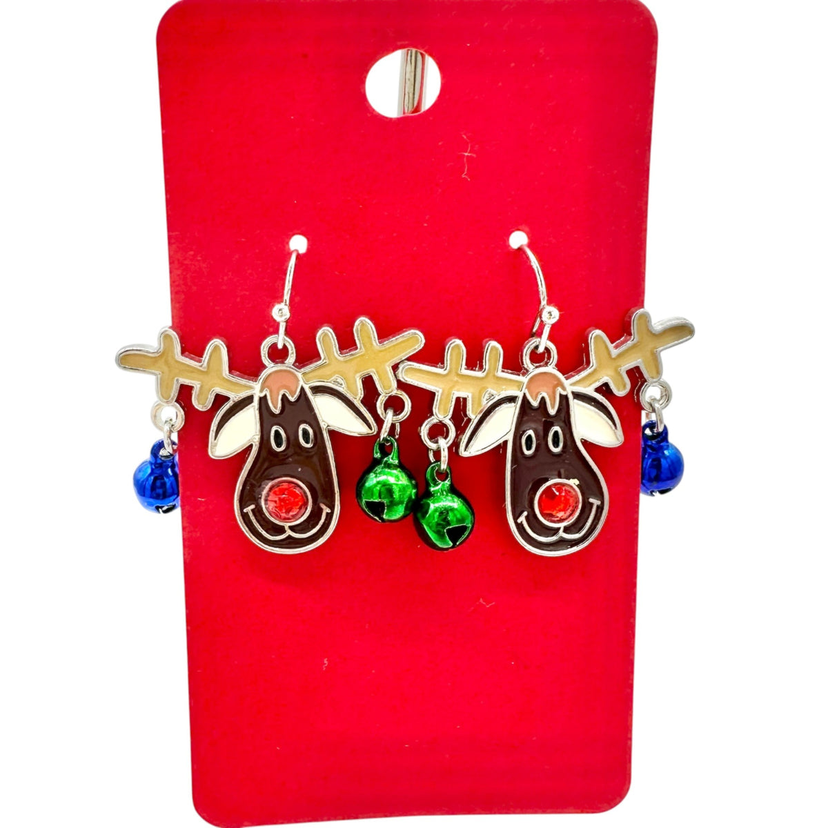 Christmas Reindeer Dangle Earrings with Jingle Bells Festive Holiday Jewelry