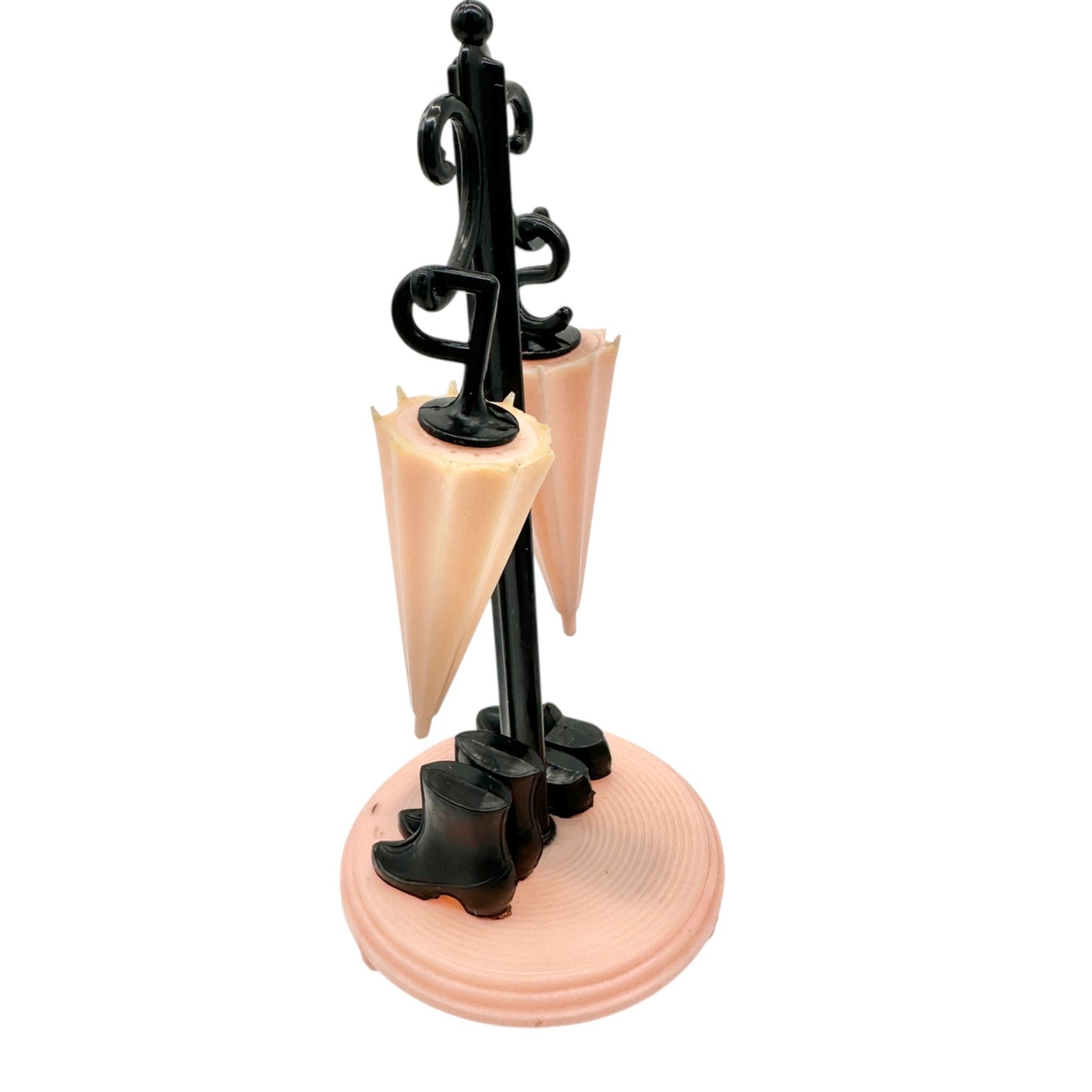 Vintage Novelty Umbrella Salt Pepper Shakers Stand Rain Boots Pink Black Plastic