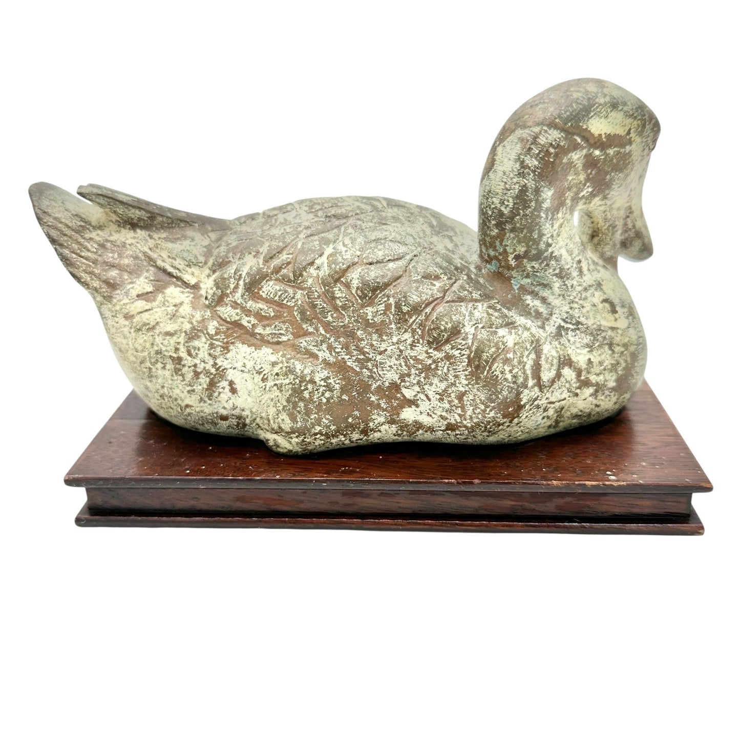 Vintage Heavy Cast Iron Duck with Patina Finish on Wood Base