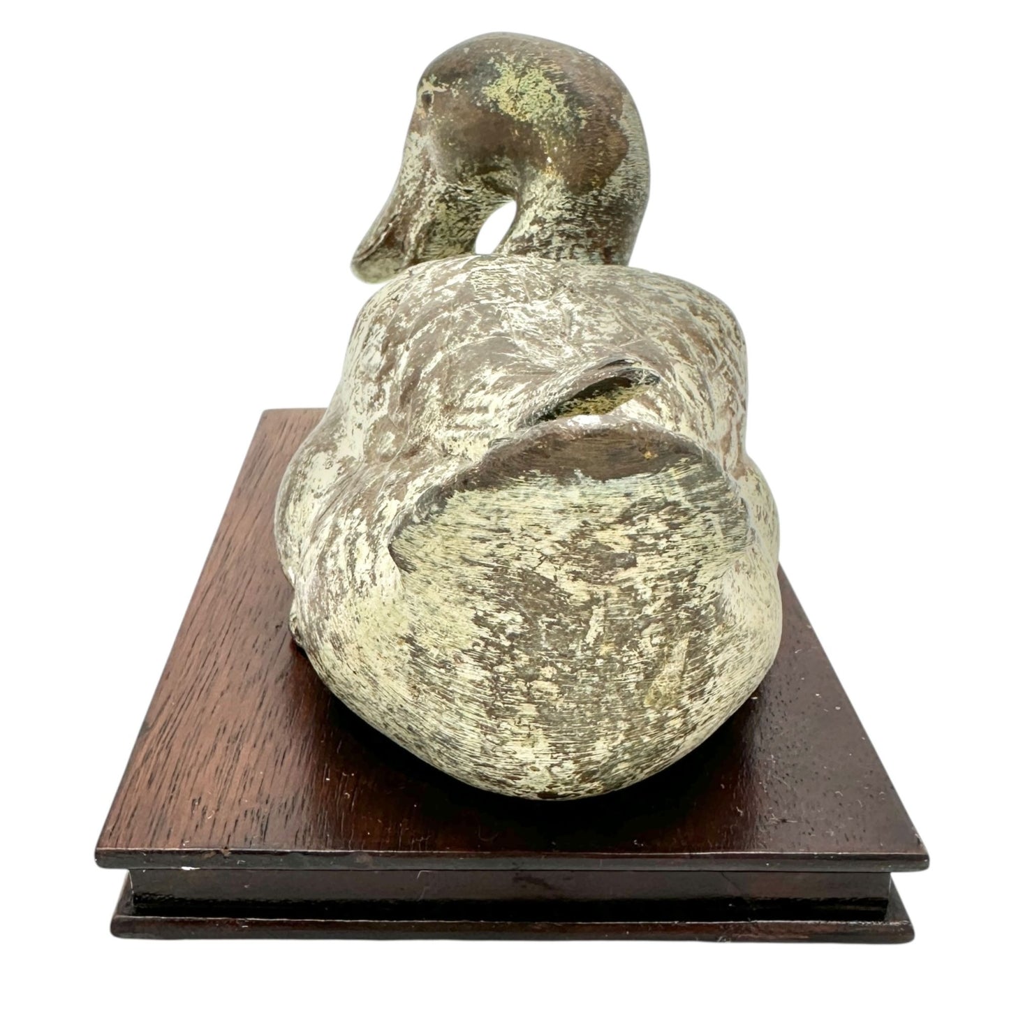 Vintage Heavy Cast Iron Duck with Patina Finish on Wood Base