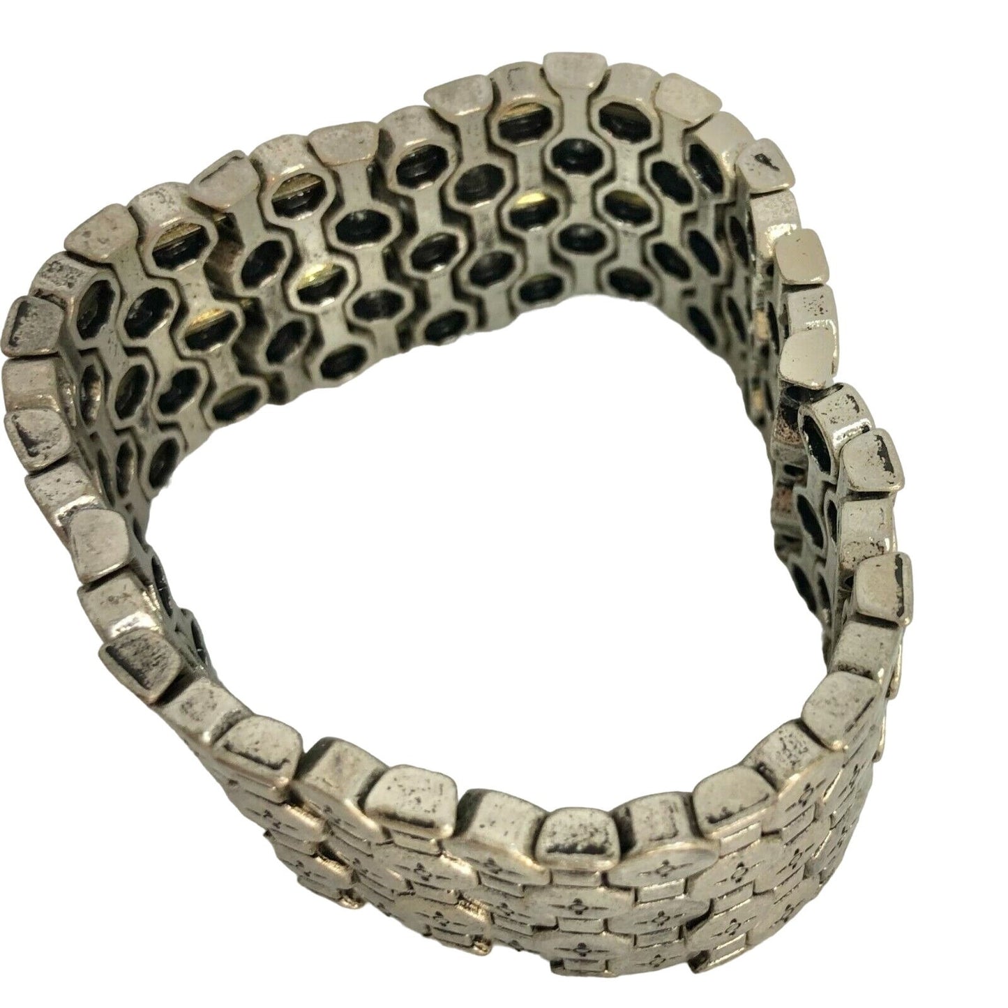 Vintage Silver Tone Stretch Bracelet Geometric Pattern 7 inch Long Unique Design