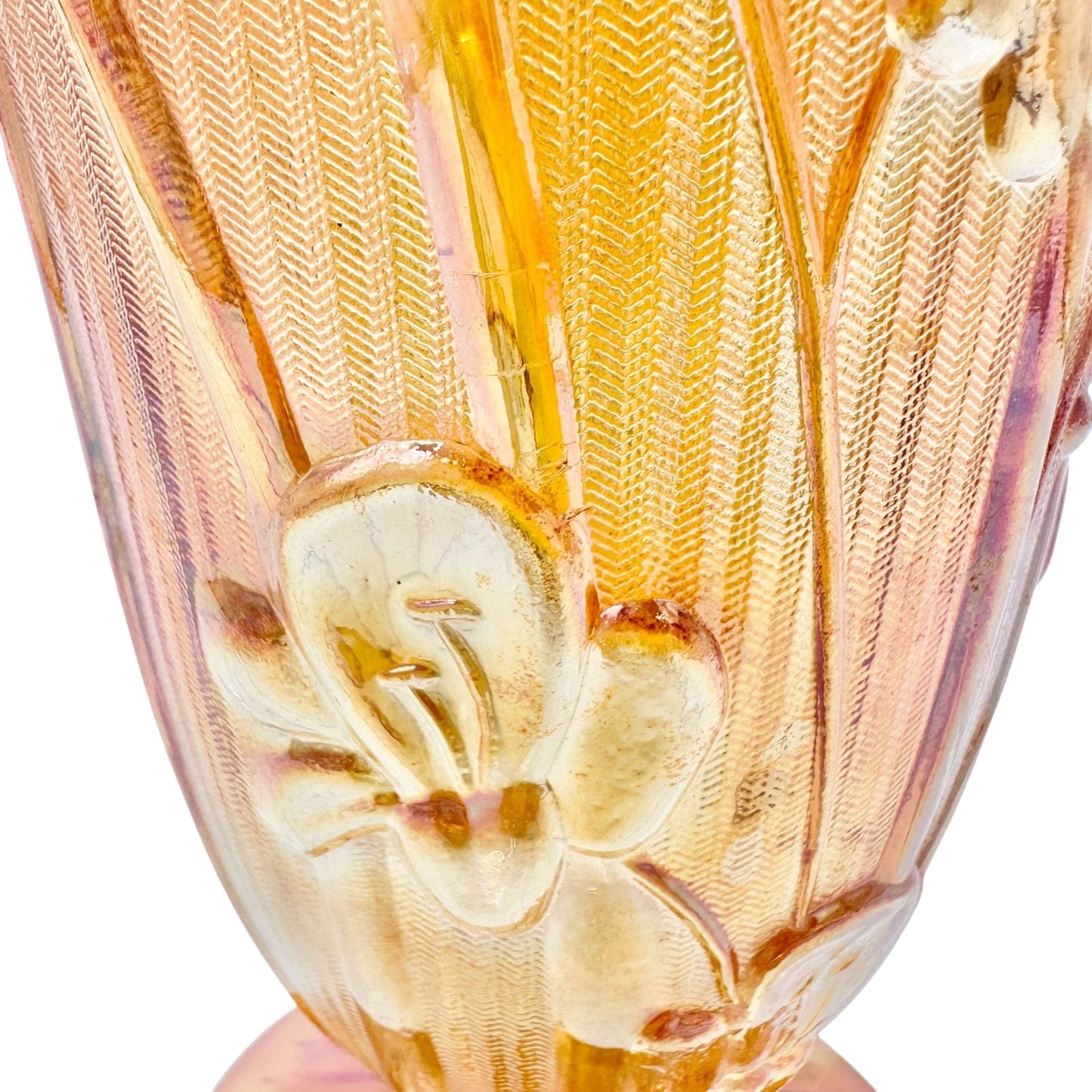 Jeannette Iris & Herringbone Marigold Vase 9 inch Carnival Glass