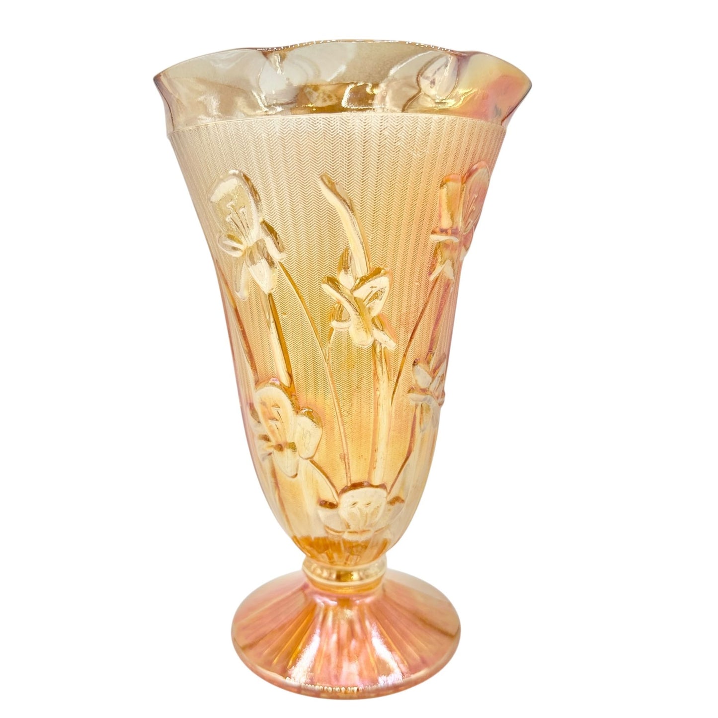 Jeannette Iris & Herringbone Marigold Vase 9 inch Carnival Glass