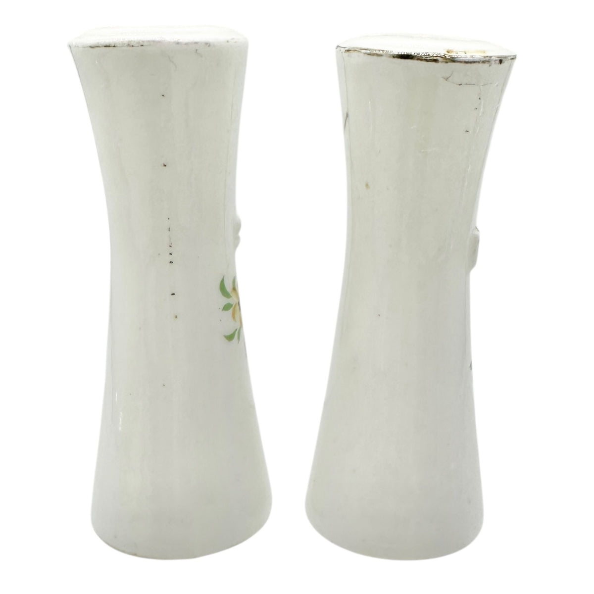 Vintage Ceramic Floral Salt and Pepper Shakers Painted Accents Gold Lettering
