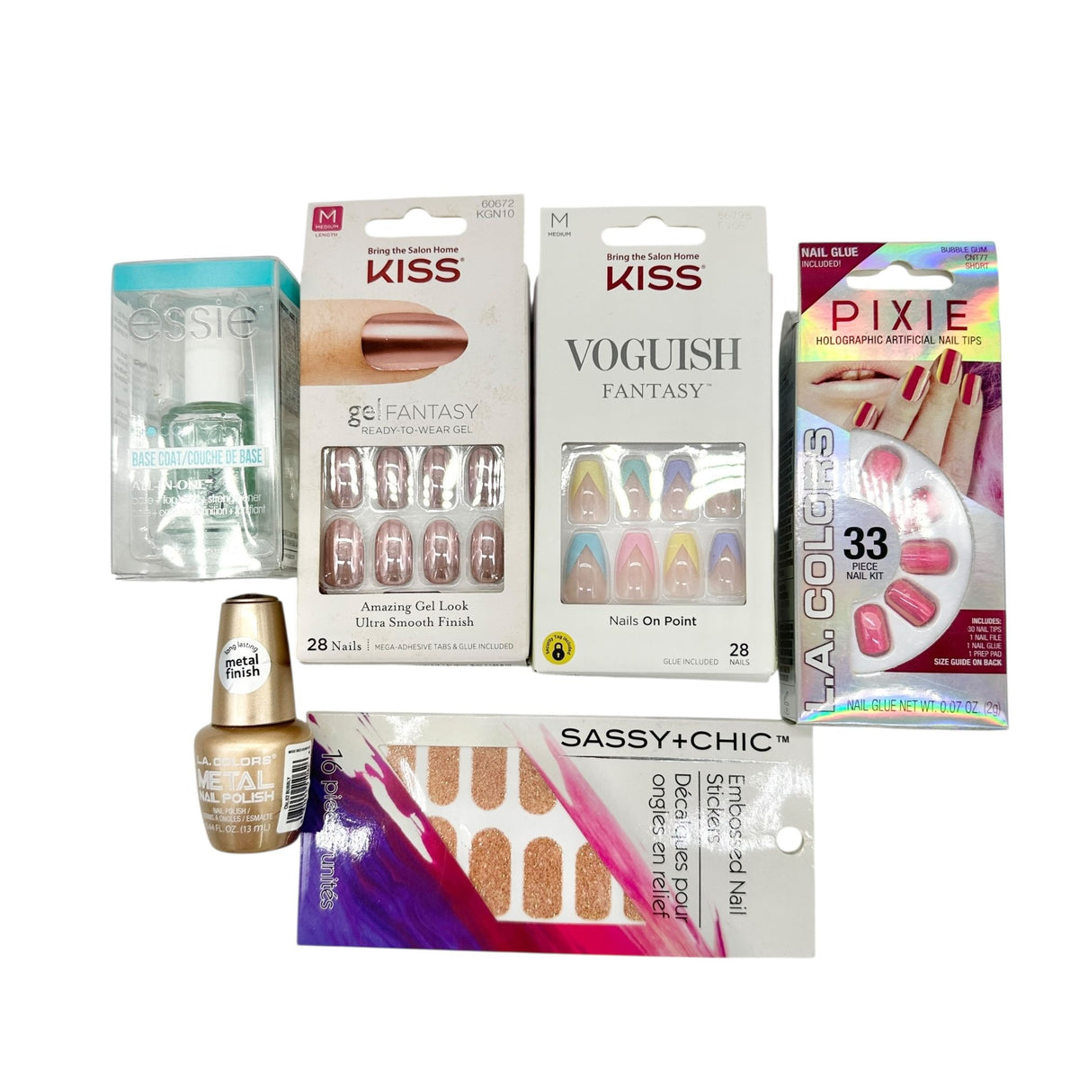 Kiss Vogue & Gel Fantasy Nail Kits Medium 28ct Sassy+Chic Embossed Nail Stickers 16ct Pixie Tips & Essie Nail Polish Set