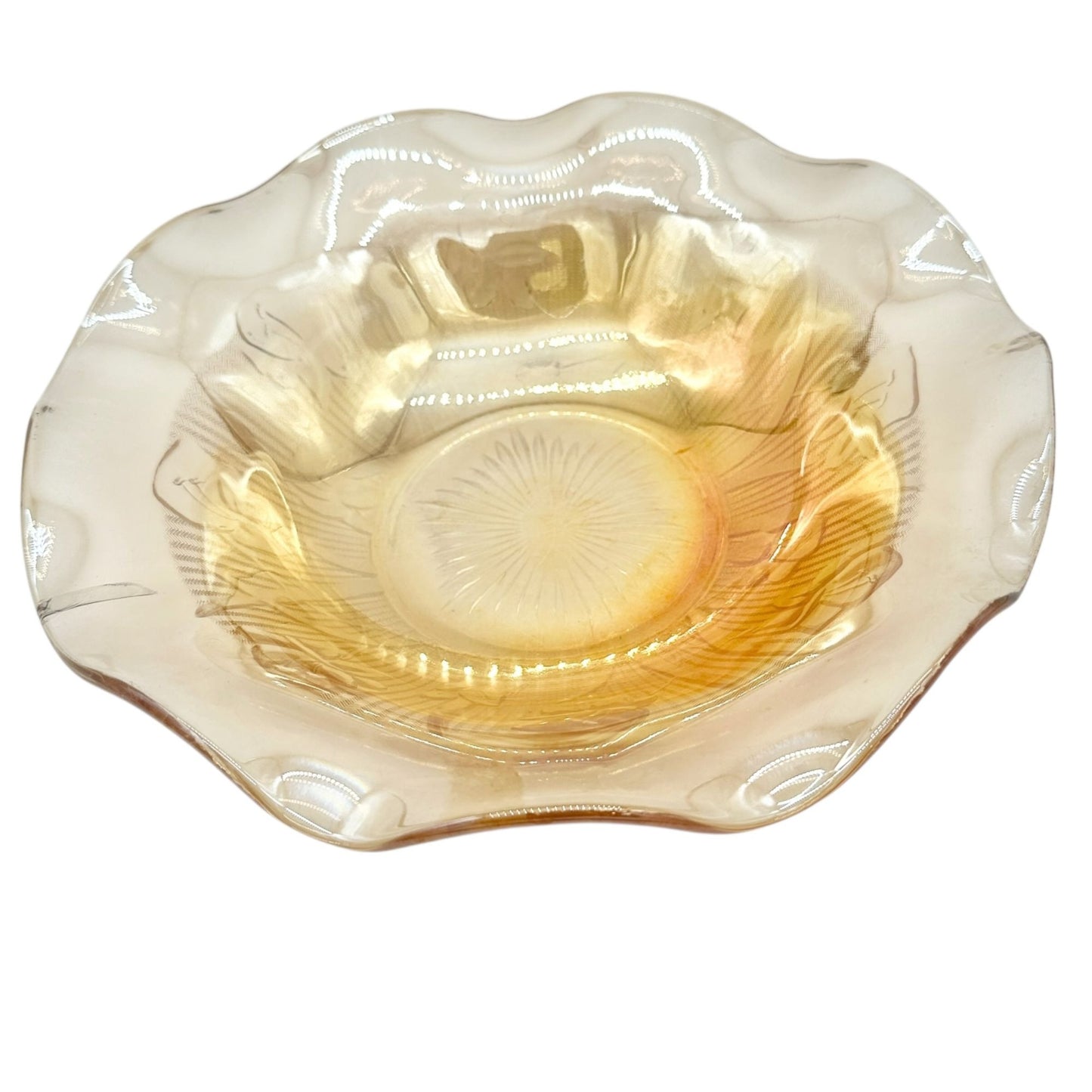 Jeannette Iris & Herringbone Marigold Bowl 9.5 inch Carnival Glass Wavy Edge
