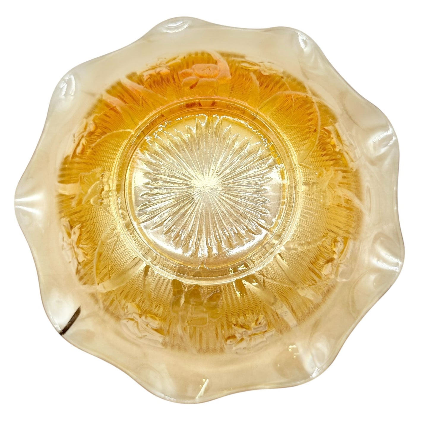 Jeannette Iris & Herringbone Marigold Bowl 9.5 inch Carnival Glass Wavy Edge