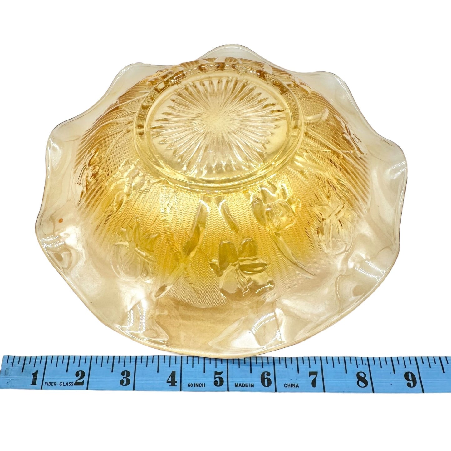 Jeannette Iris & Herringbone Marigold Bowl 9.5 inch Carnival Glass Wavy Edge