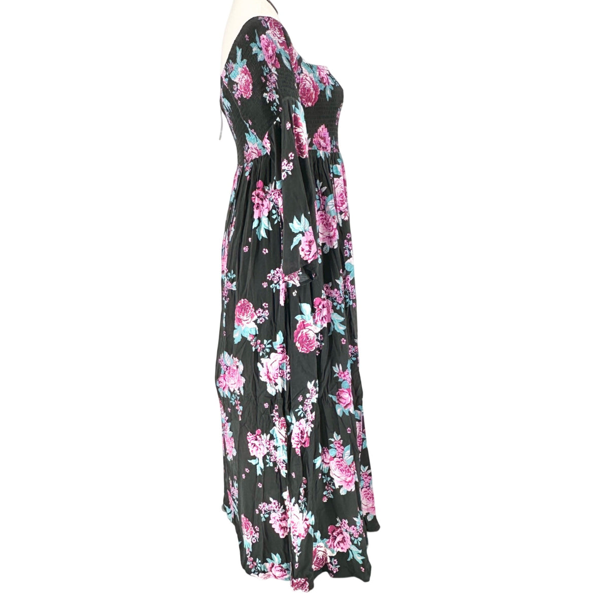 Torrid Maxi Dress 2X Floral Smocked Off Shoulder LS Black Pink Blue Floral Rayon