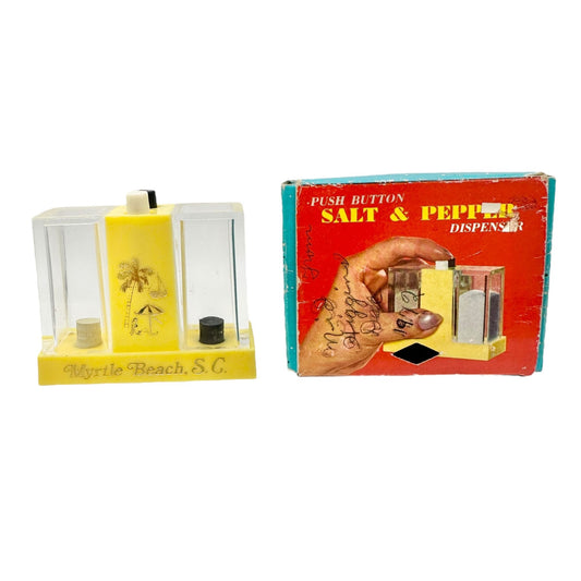 Vintage Myrtle Beach SC Push Button Salt Pepper Dispenser Yellow Plastic Boxed