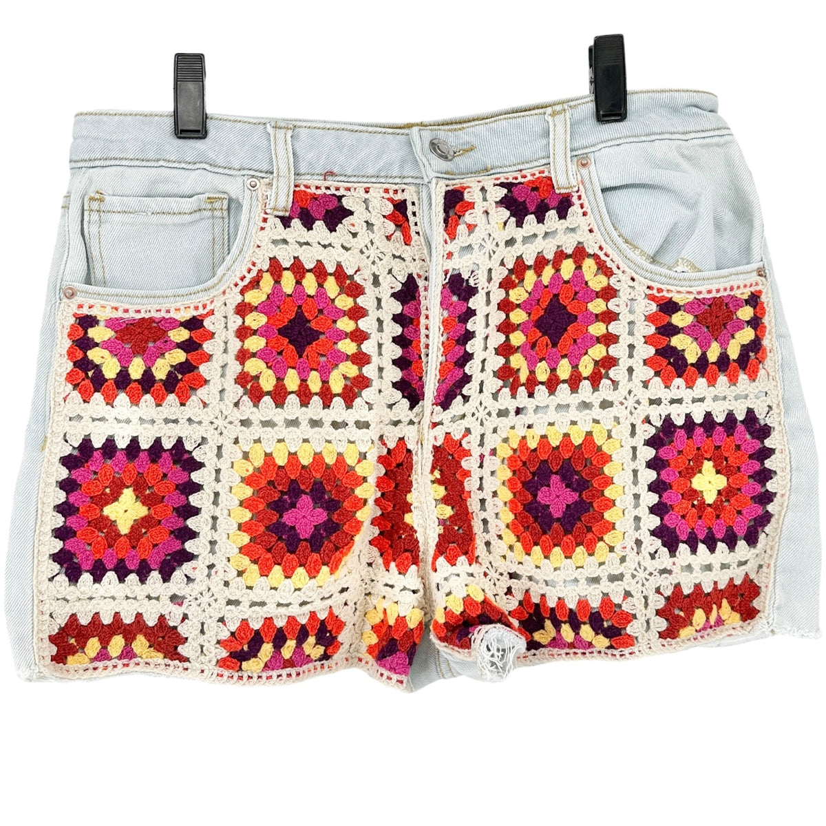 Crochet Patchwork Light Wash Denim High-Rise Shorts 13/31W By SO Goods For Life