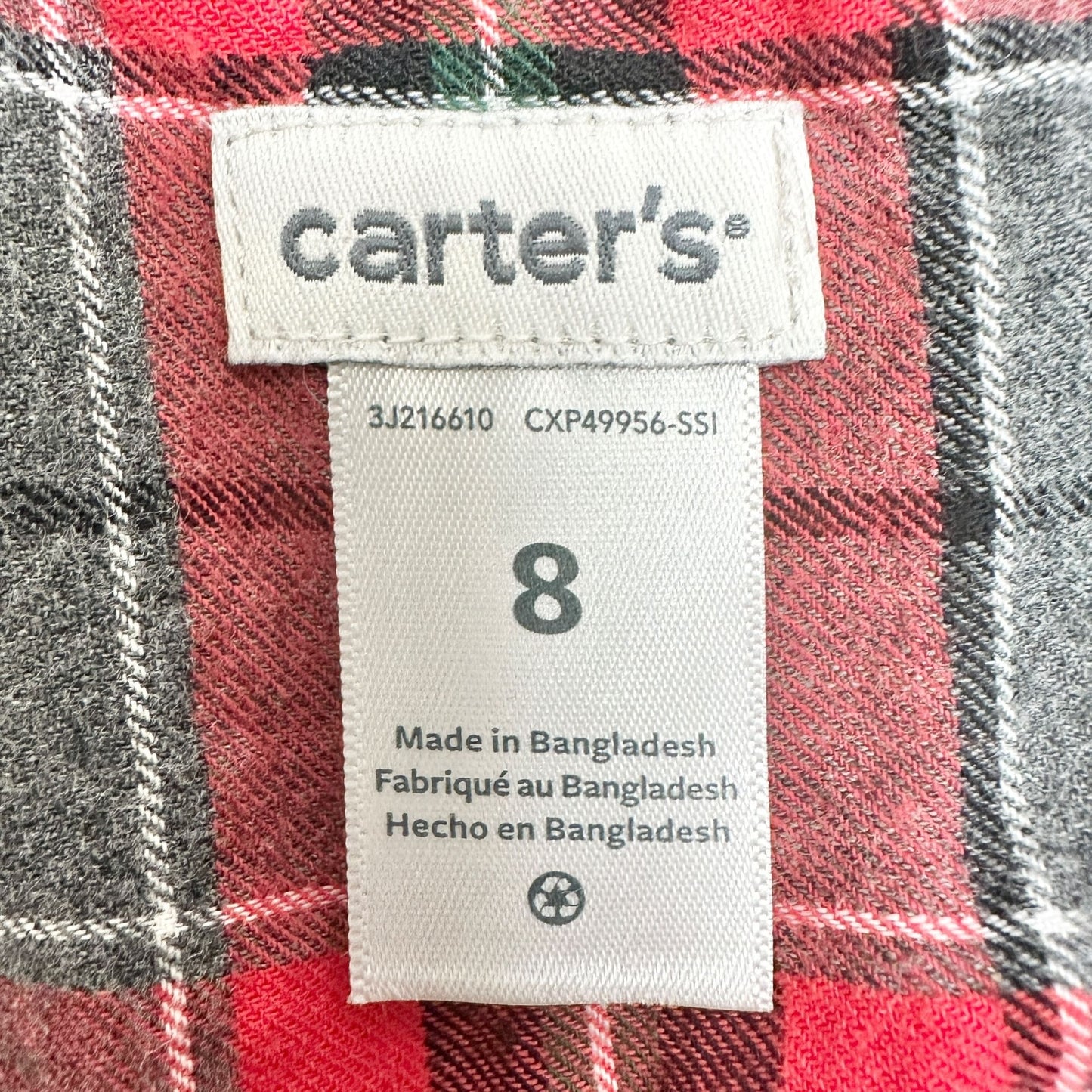 Carters Button Up Shirt Boys Size 8 Gray Red Plaid Cotton Casual Long Sleeve