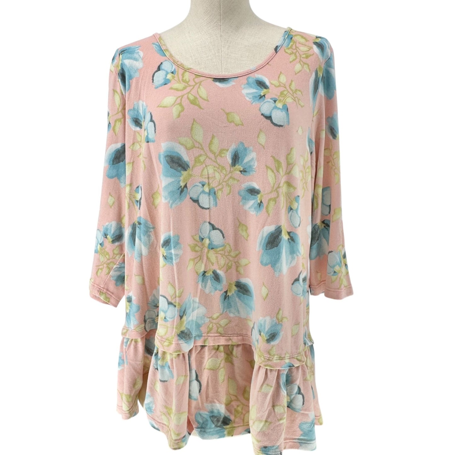 BE Stage Tunic Top Womens XL Floral Print Pink Blue Long Sleeve Ruffled Hem