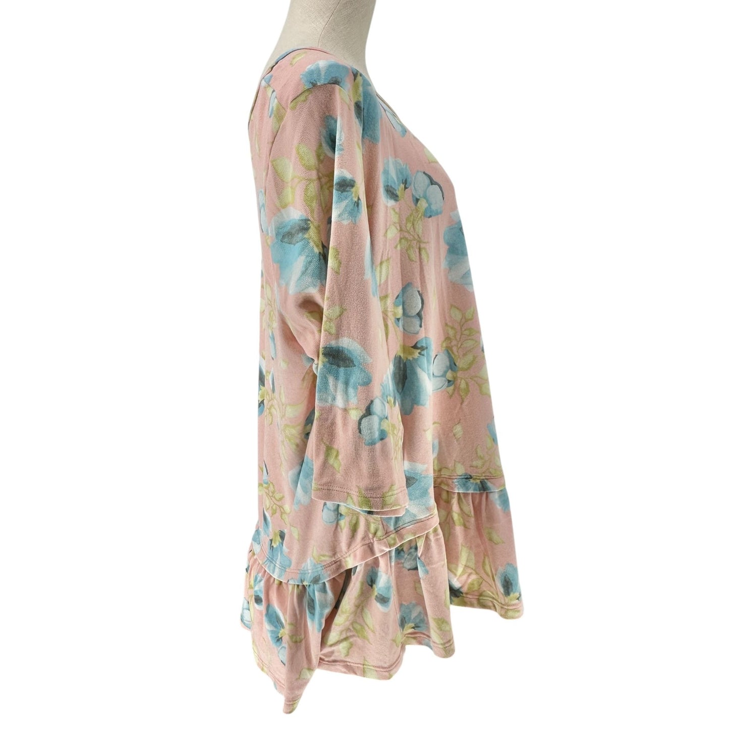 BE Stage Tunic Top Womens XL Floral Print Pink Blue Long Sleeve Ruffled Hem