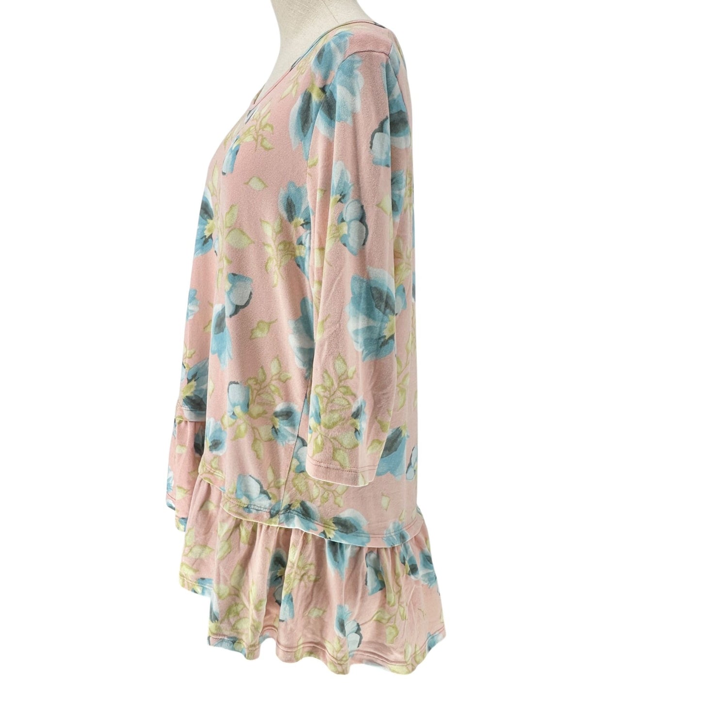 BE Stage Tunic Top Womens XL Floral Print Pink Blue Long Sleeve Ruffled Hem