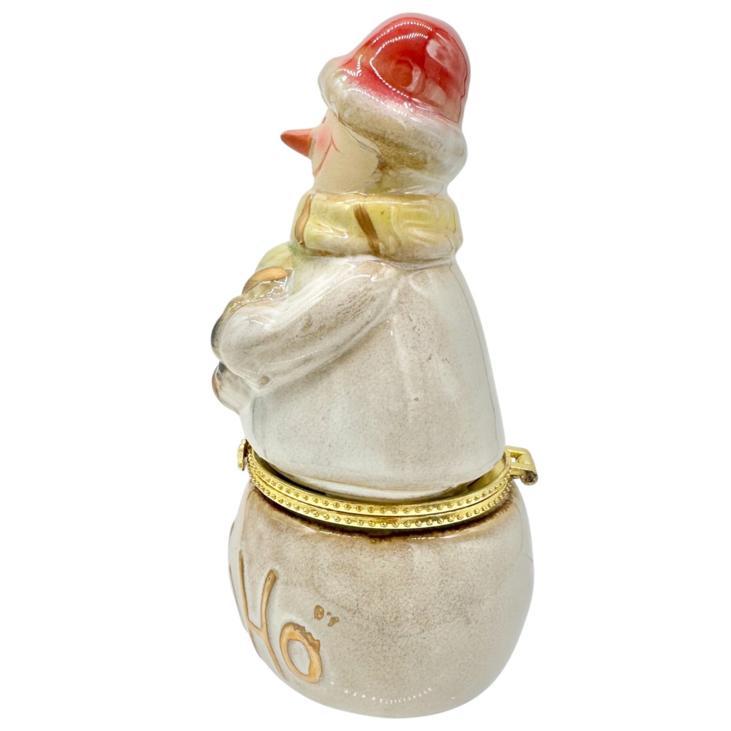 Snowman Limoges Trinket Box Porcelain Gold Accents Hinged Lid Ho Ho Ho Design