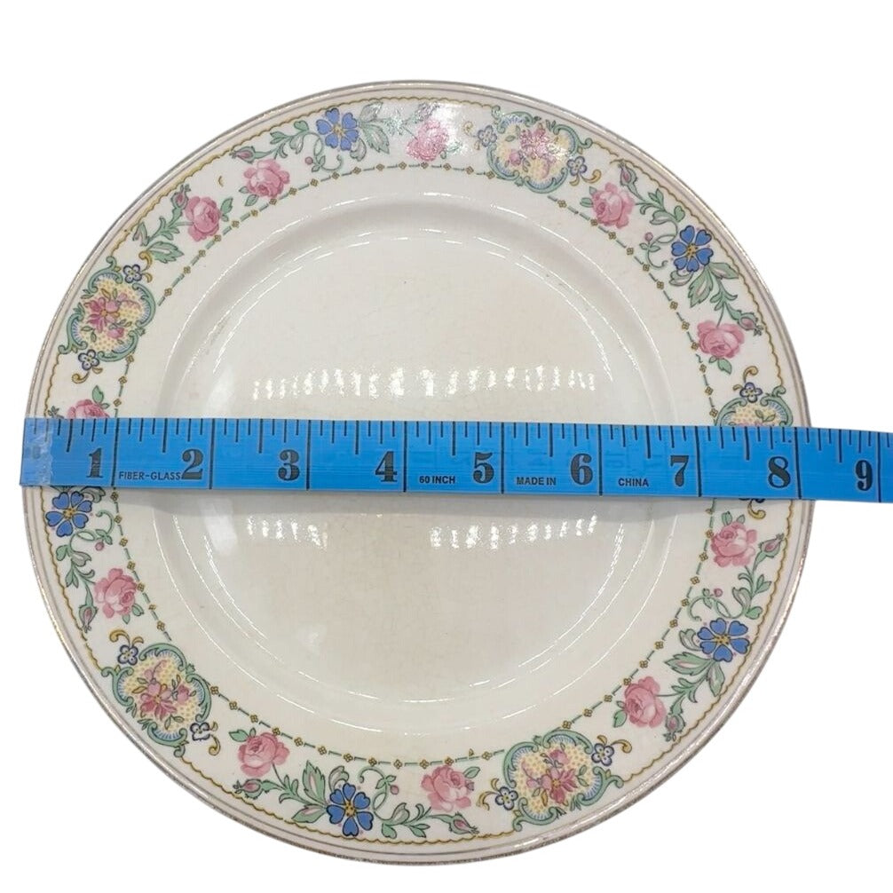 Pope Gosser Plate 8 inch Cream Gold Trim Pink Blue Flowers Made in USA Vintage
