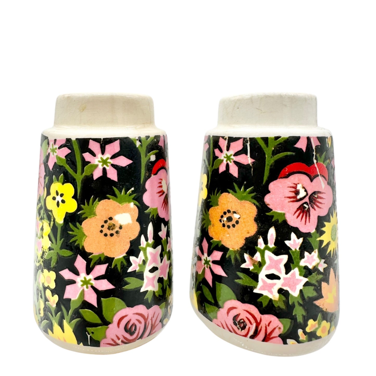 Vintage Design Ceramic Floral Salt and Pepper Shakers Black w Multicolor Flowers