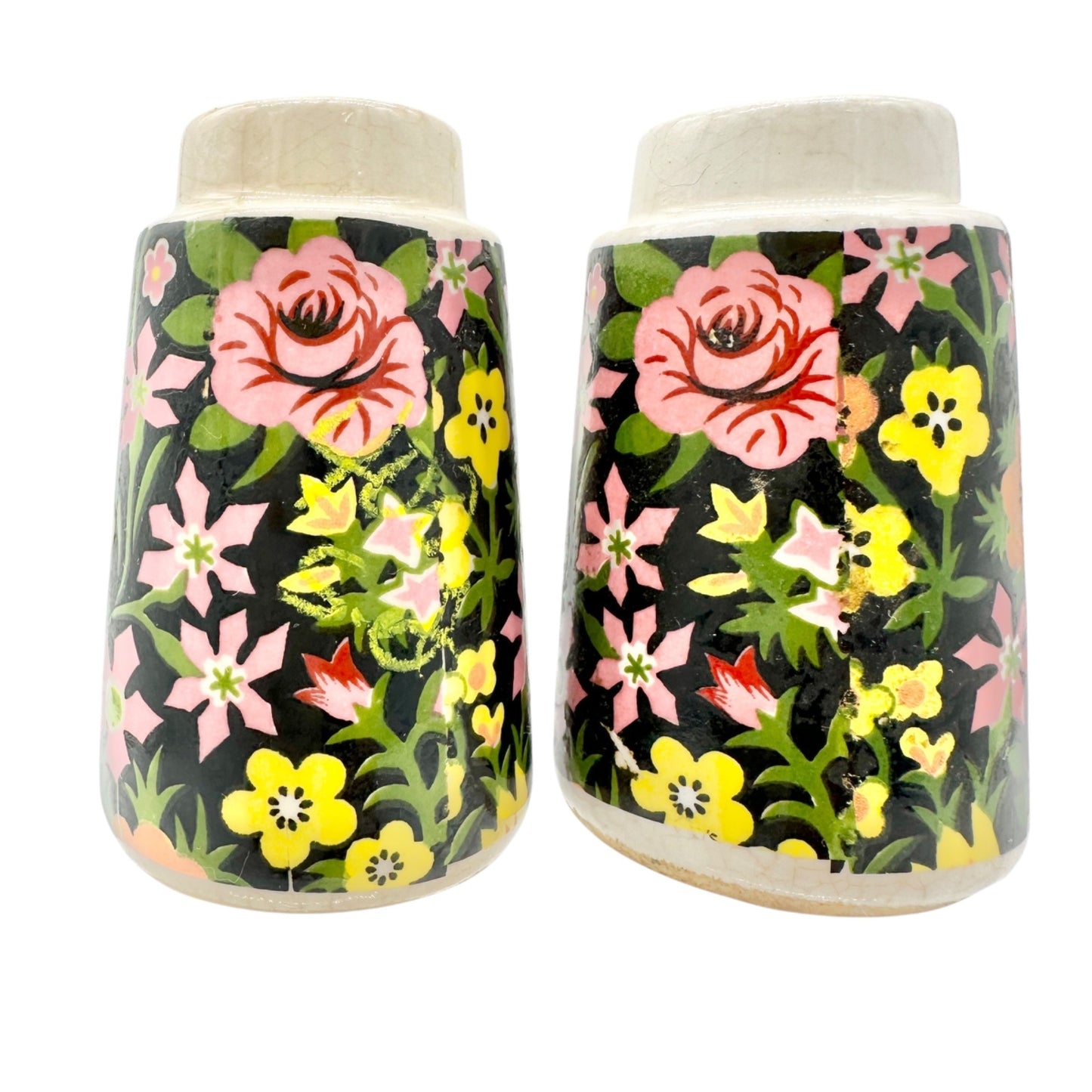 Vintage Design Ceramic Floral Salt and Pepper Shakers Black w Multicolor Flowers