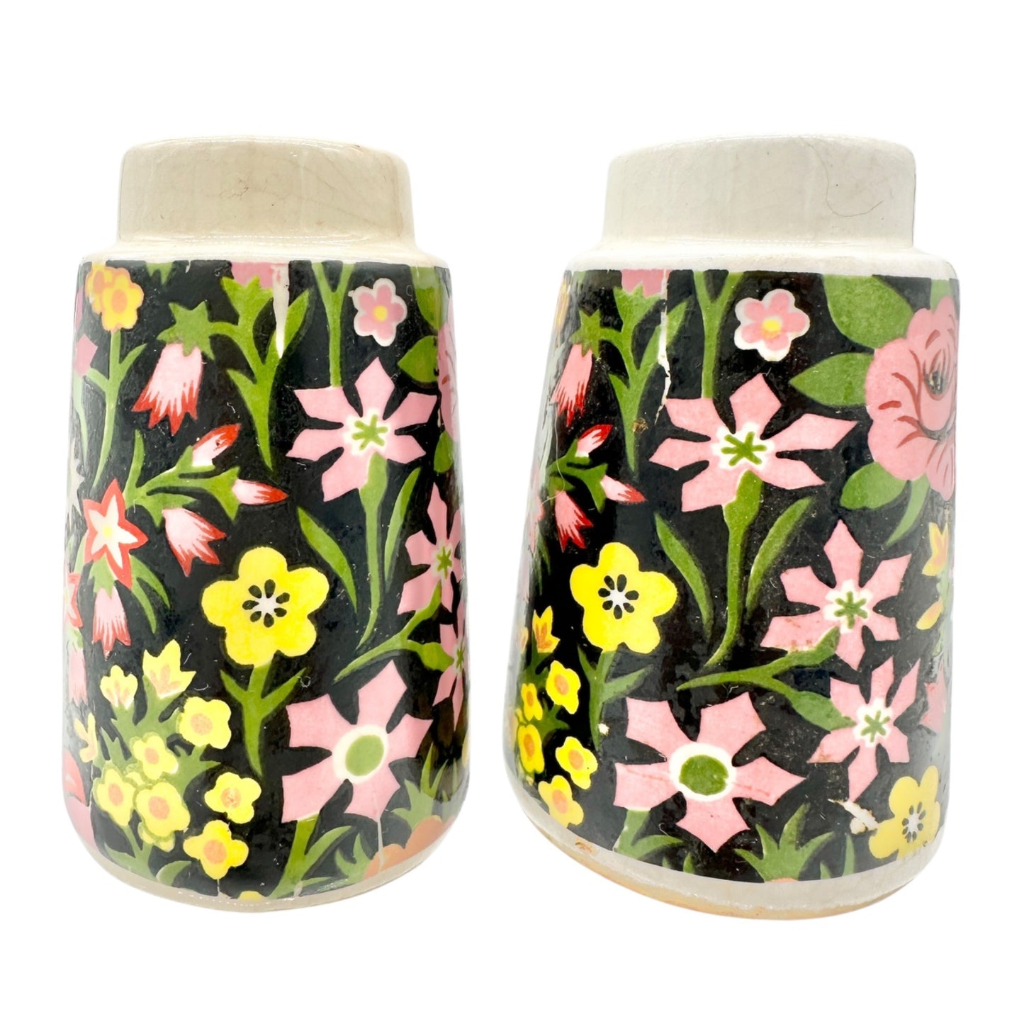 Vintage Design Ceramic Floral Salt and Pepper Shakers Black w Multicolor Flowers