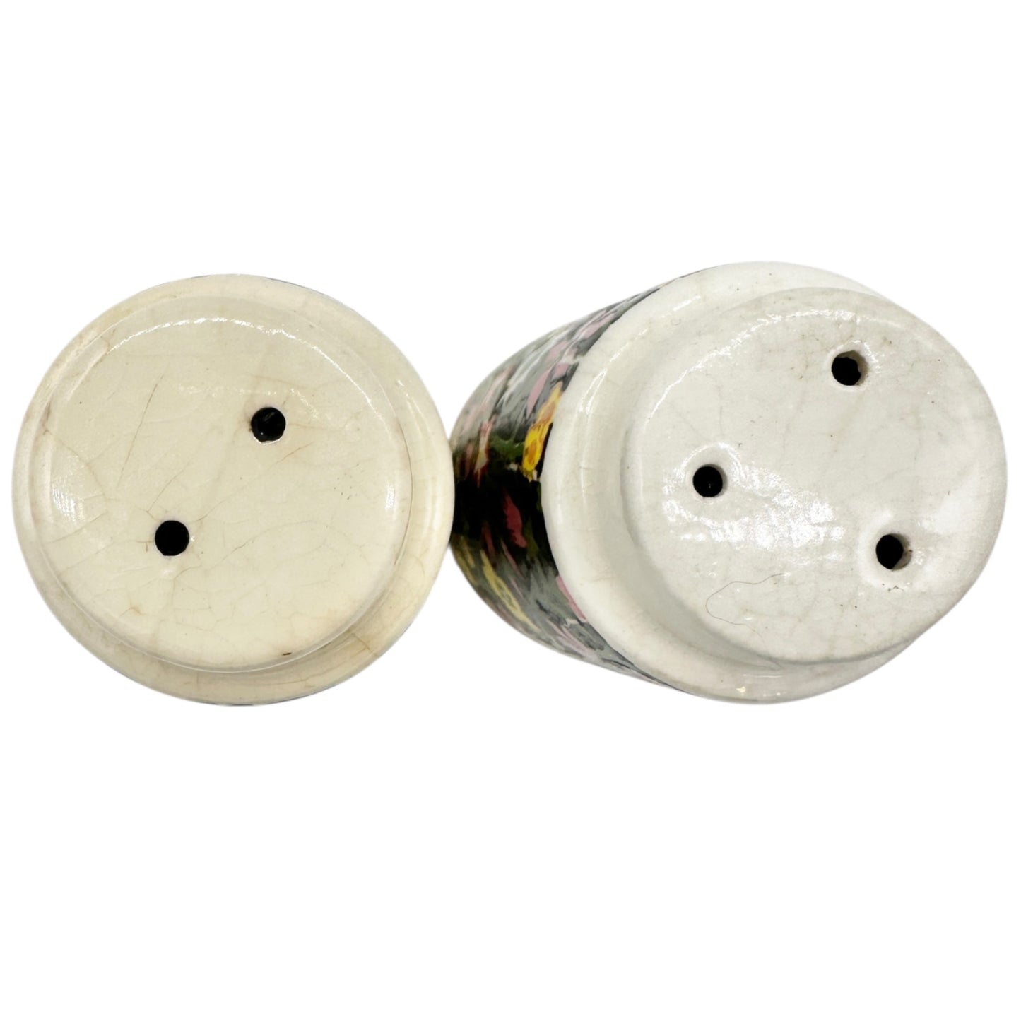 Vintage Design Ceramic Floral Salt and Pepper Shakers Black w Multicolor Flowers
