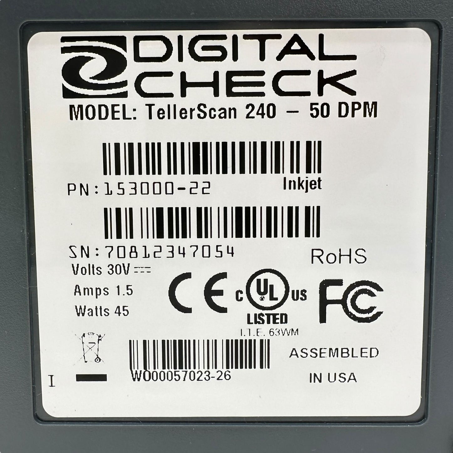 Digital Check TellerScan TS240 50 DPM Check Scanner With Power Cord