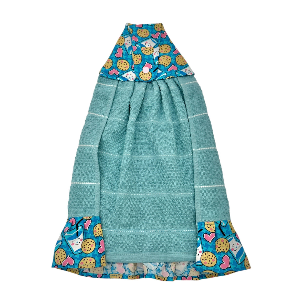 Handmade Hanging Kitchen Towel With Cookies and Milk Print Top and Ruffle Trim