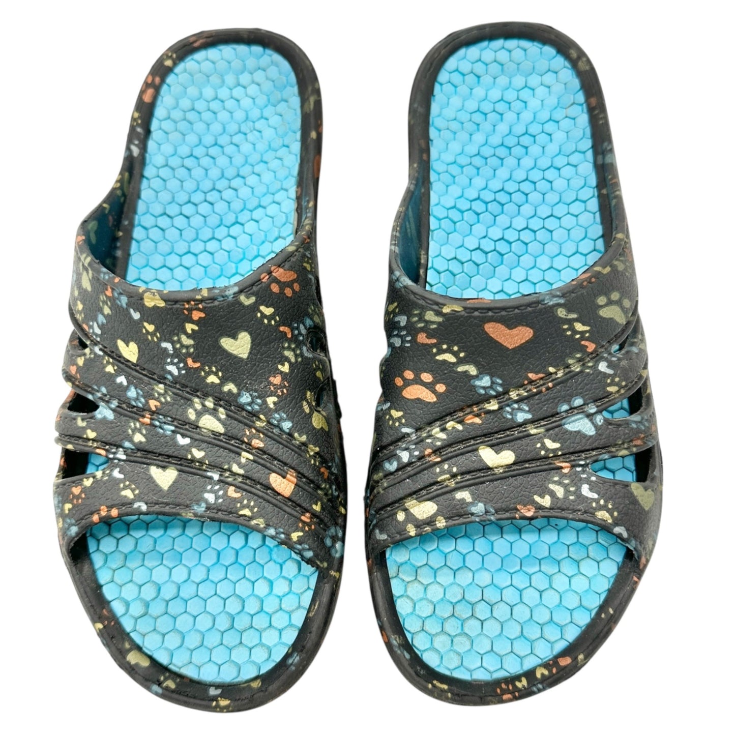 Women Slide Sandals Size 8 Black Heart Paw Print Pattern Blue Honeycomb Footbed