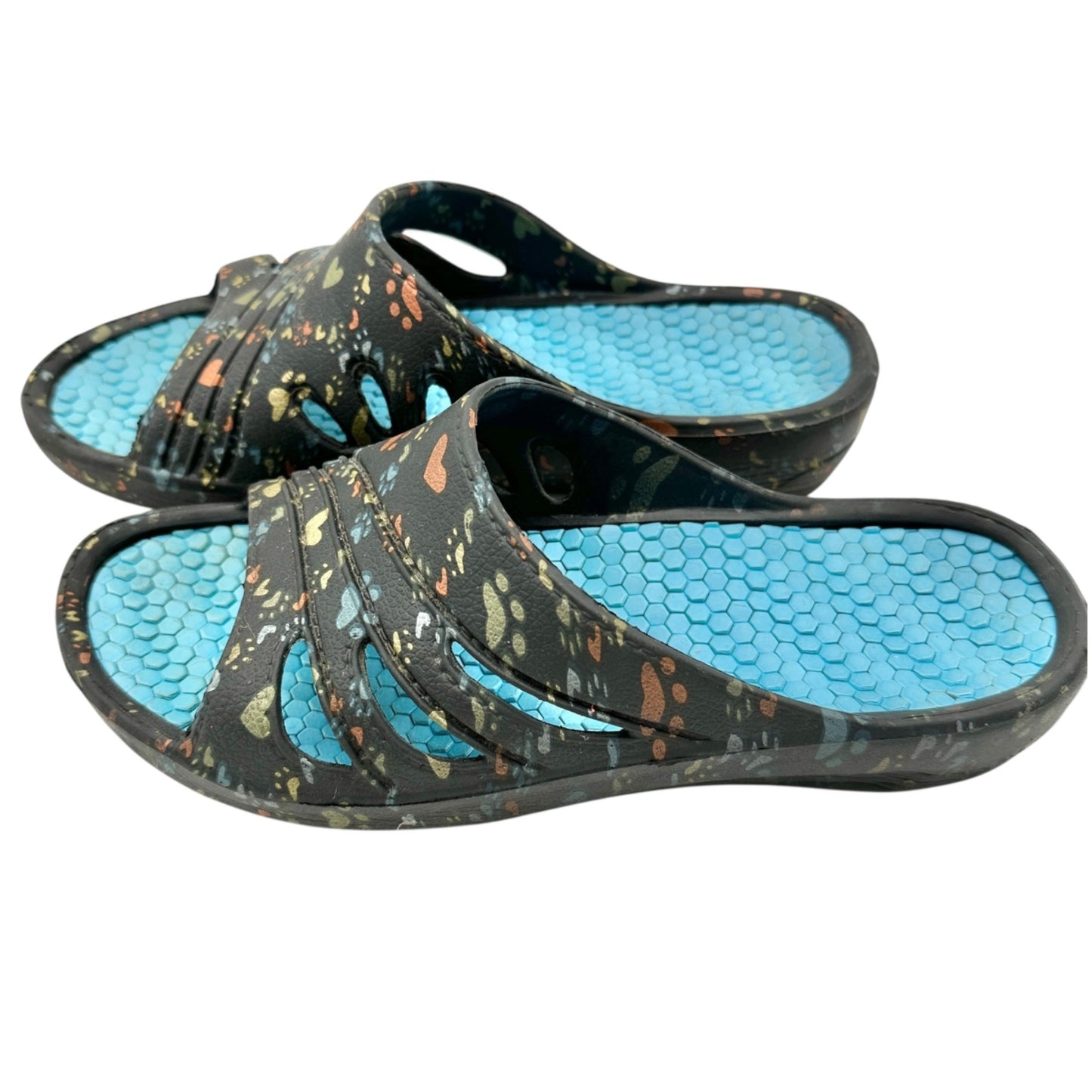 Women Slide Sandals Size 8 Black Heart Paw Print Pattern Blue Honeycomb Footbed