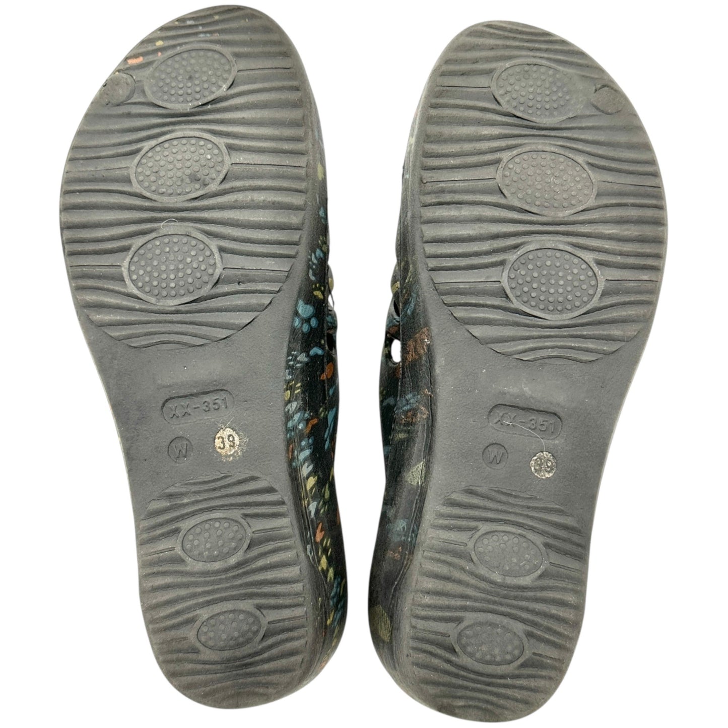 Women Slide Sandals Size 8 Black Heart Paw Print Pattern Blue Honeycomb Footbed