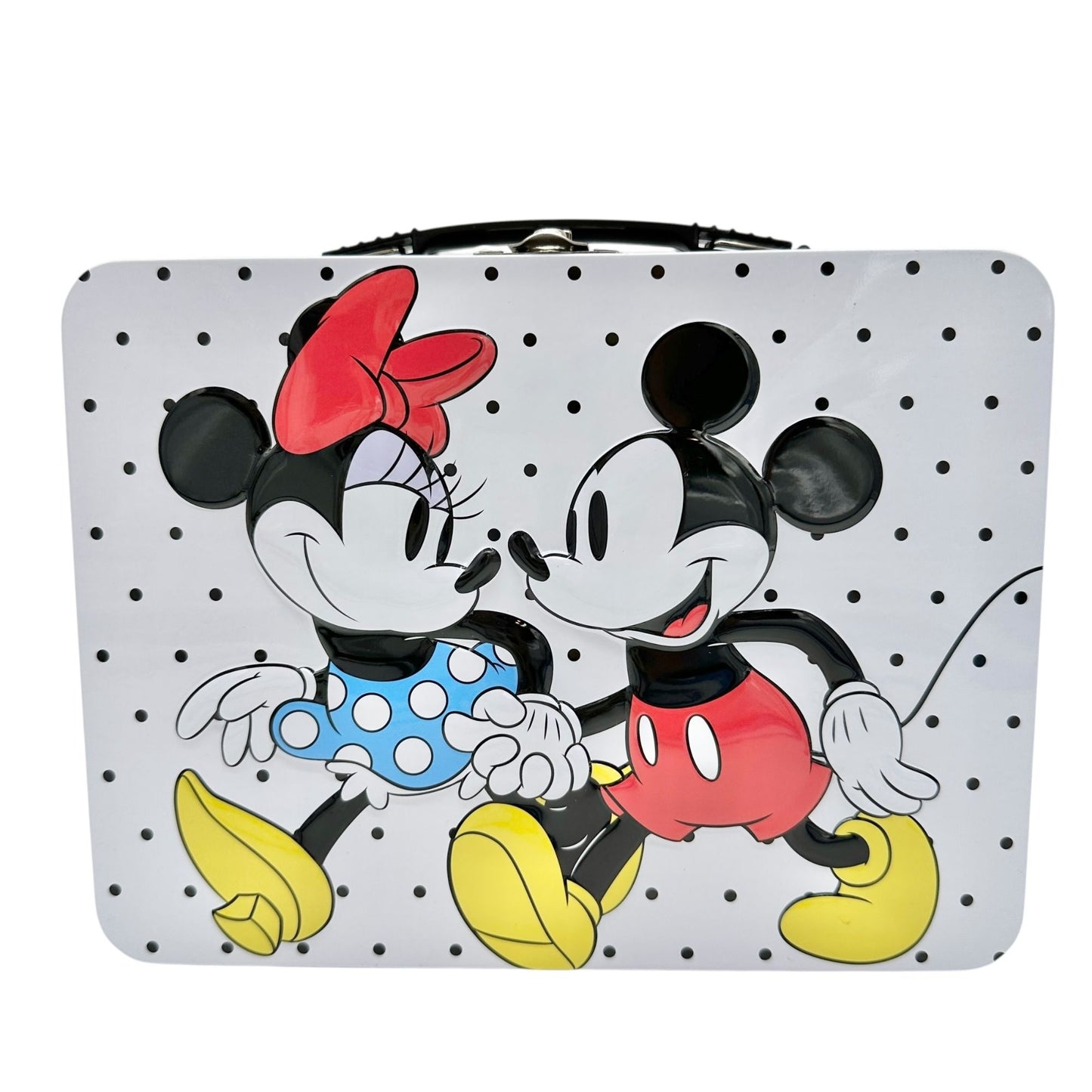 Mickey and Minnie Mouse Metal Lunch Box 9x7x3.5 Polka Dot Black White Design