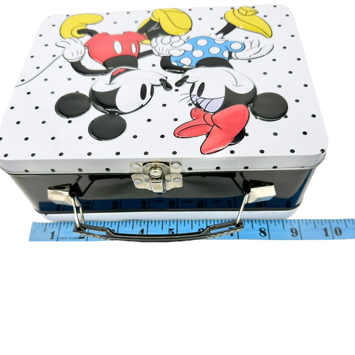 Mickey and Minnie Mouse Metal Lunch Box 9x7x3.5 Polka Dot Black White Design